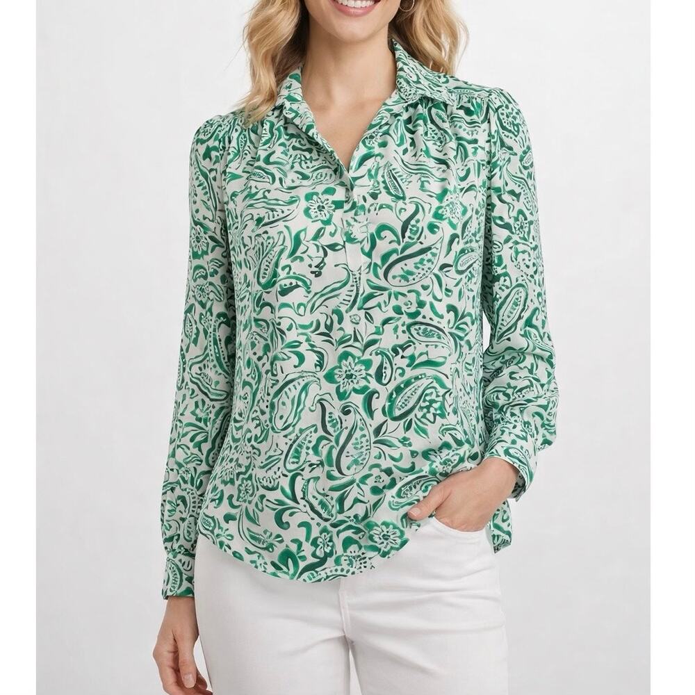 EUC Rafaella Green and White Paisley Long Sleeve Blouse. Size M.